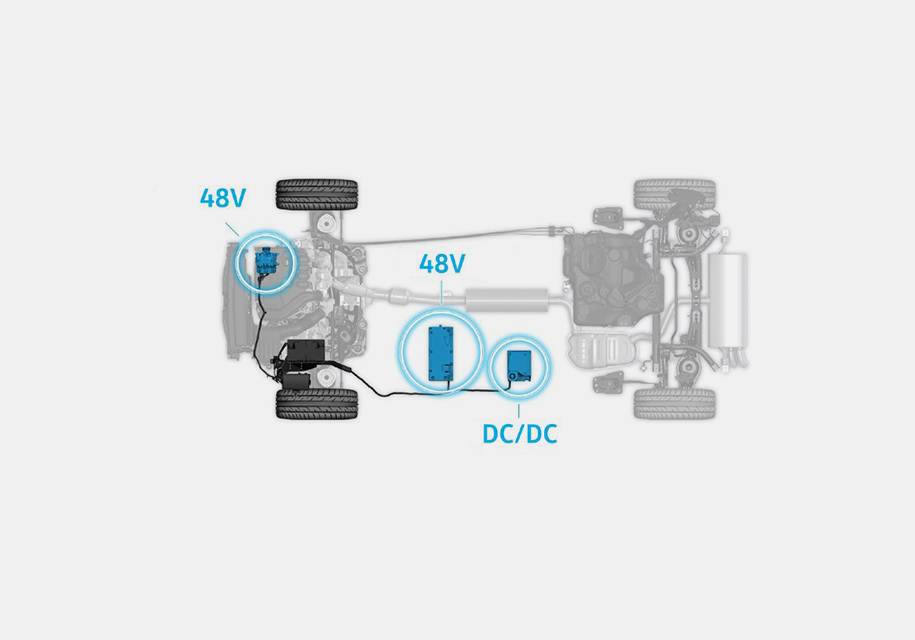 <mark>**mHev**</mark>«Мягкий гибрид» MHEV пока слабый конкурент дизелю, но уже дает возможность рачительным европейцам экономить по несколько евроцентов в день. Бензиновый мотор здесь оснащен стартер-генератором с ременным приводом и небольшой 48-вольтовой батареей. Такая система довольно проста, но способна рекуперировать энергию, глушить и заводить двигатель в движении. Впрочем, ее эффективность все равно в десять раз ниже, чем у подзаряжаемого гибрида.