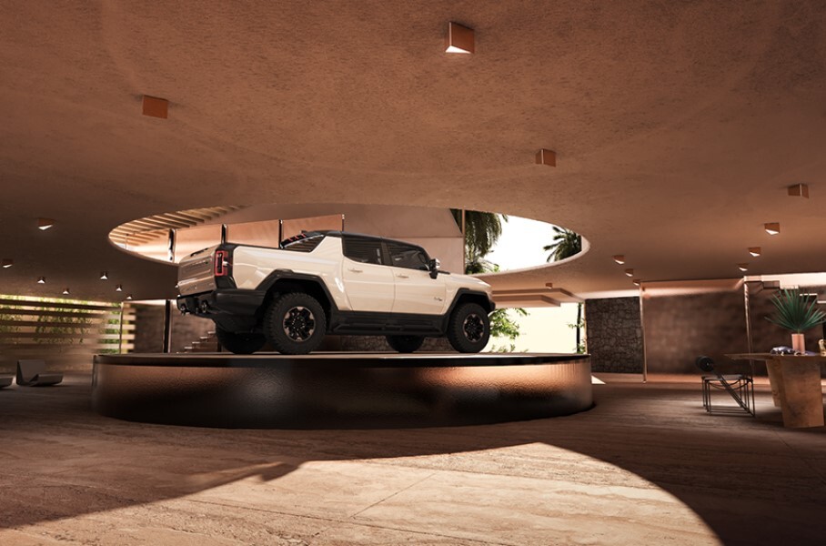 Посмотрите на гараж будущего с лифтом и стеклянной крышей для электрического Hummer