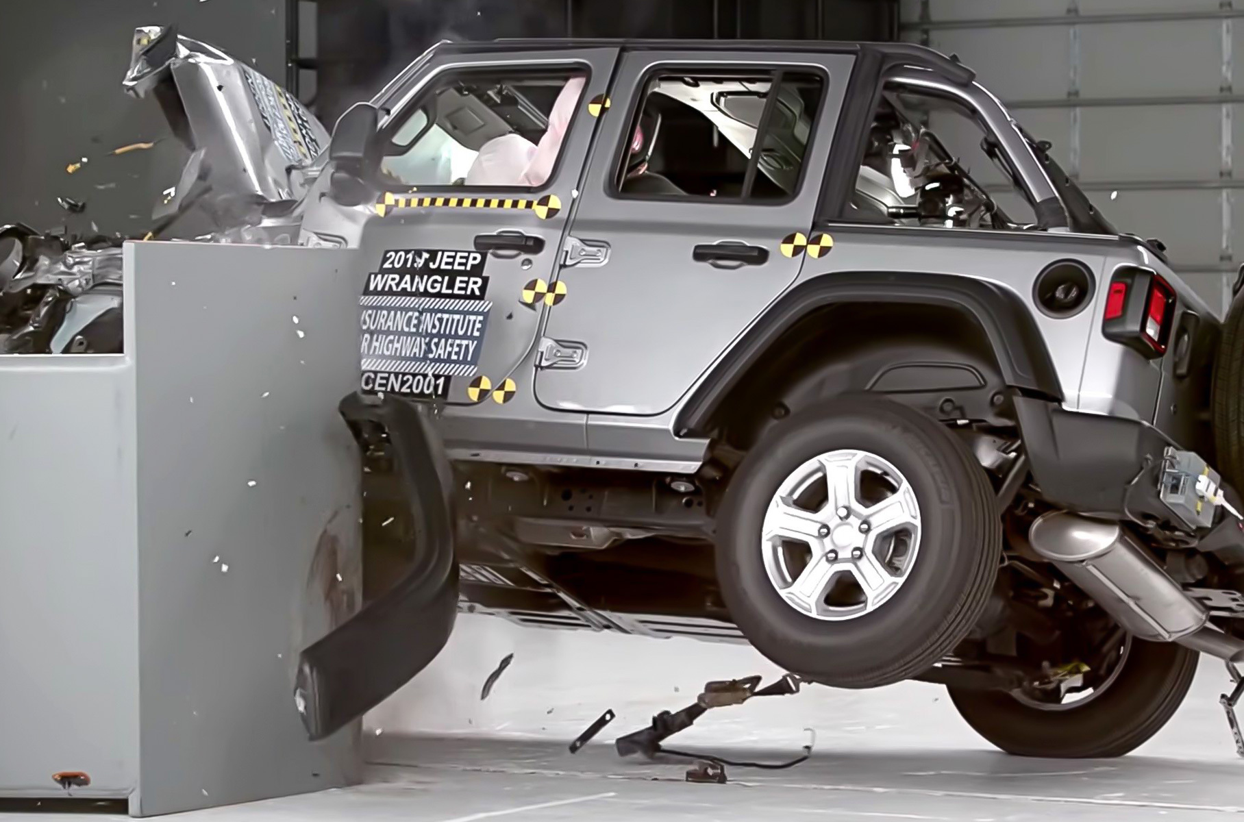 Автомобиль в прямом смысле не устоял перед барьером: после столкновения с частичным перекрытием внедорожник перевернулся. Для уверенности специалисты несколько раз повторили краш-тест, и в двух испытаниях из трёх Wrangler опрокинулся.