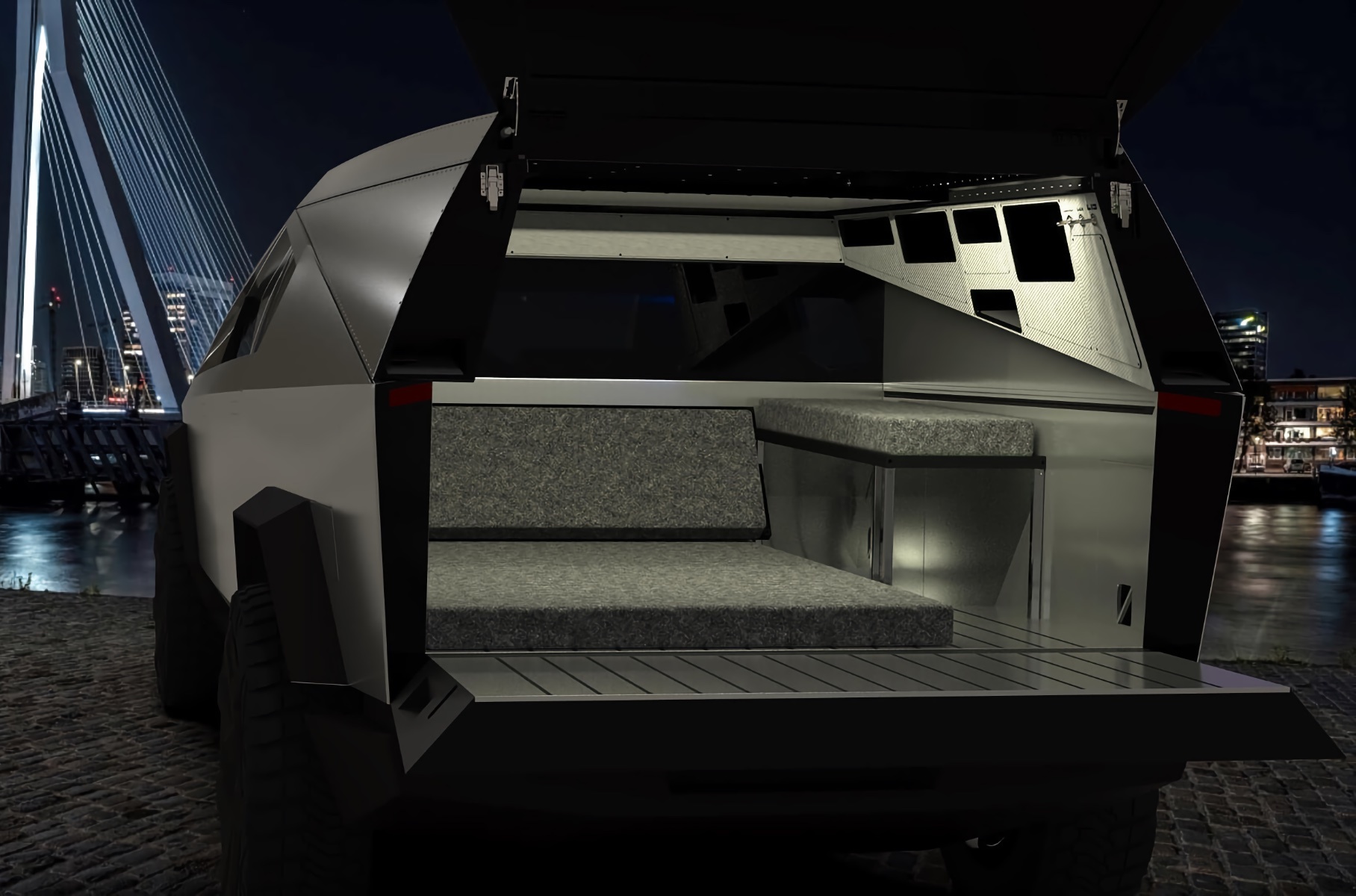 Tesla Cybertruck превратили в дом на колесах с кухней, душем и огромной кроватью