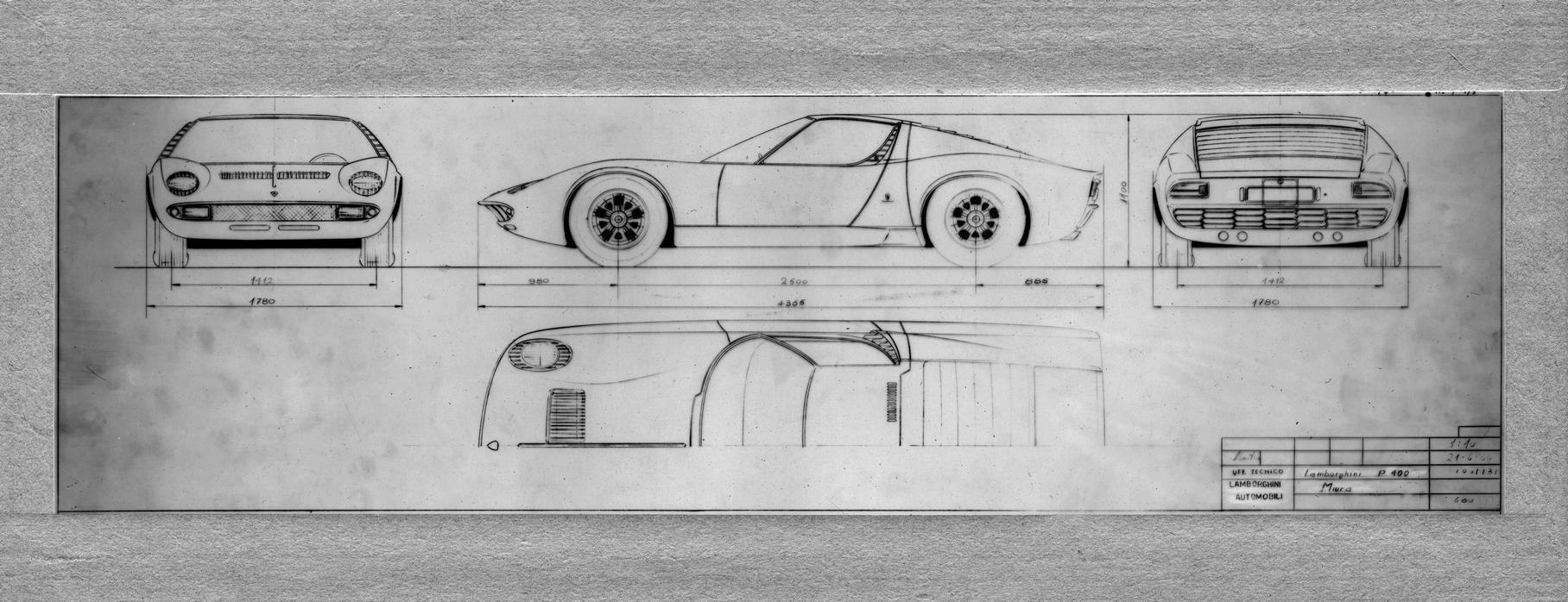 Эскиз кузова Miura в трёх проекциях из архива Lamborghini