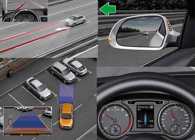 Audi Q3 может быть оснащен большим количеством электронных систем: функцией контроля за полосой движения, распознавания дорожных знаков, «автоматического» света, мониторинга «слепых» зон и электронным «парковщиком» (с камерой заднего вида или без).