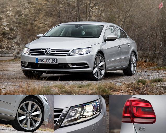 Passat CC интересен в деталях: красивые 19-дюймовые колеса со спицами, напоминающими лопасти турбины, интересная конструкция головных фар, сочные цвета задних фонарей со световодами. А вот серебристые "крылышки" в переднем бампере - уже лишнее.