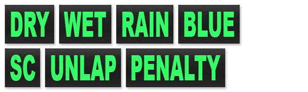 "Dry" – сухо, "Wet" – мокро, "Rain" – дождь, "Blue" – голубые флаги, "SC" ("Safety Car") – машина безопасности, "Unlap" – вернись в круг, "Penalty" – штраф