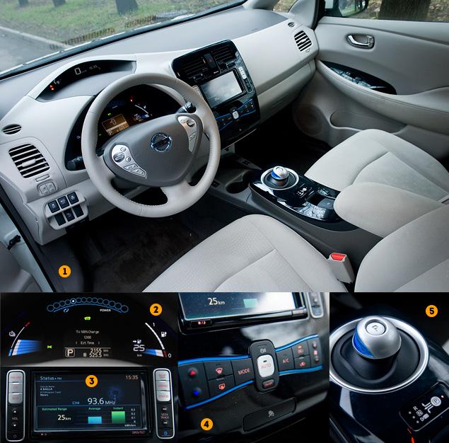 1. Материалы интерьера просты, но ситуацию немного спасает дизайн.

2. Приборная панель выглядит футуристично. Справа – уровень заряда батареи, сверху – "тахометр", указывающий уровень расхода электричества или степень его рекуперации.

3. Мультимедийная система умеет выводить на дисплей массу информации о расходе электричества, но вот адреса ближайших зарядных станций не знает...

4. Климат-контроль я выключал при каждом удобном случае – чтобы сберечь запас хода.

5. Вместо традиционного селектора коробки передач у Nissan Leaf – такой вот джойстик. Чтобы включить режим Eco, его надо дважды потянуть налево и на себя.