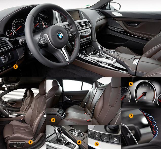 1. Салон M6 Gran Coupe - царство кожи, алюминия, карбона и - совсем чуть-чуть - качественного пластика. М-руль великолепен и по сечению, и по диаметру.

2. Не очень спортивные на вид передние кресла на деле оказываются цепкими и удобными.

3. Сзади места только для двоих. И то для не самых высоких -- седоки ростом выше среднего будут почти касаться макушками покатой крыши.

4. Джойстик "робота" - как на других "эмках". Стояночный тормоз - электромеханический.

5. Кнопки сбоку от селектора трансмиссии позволяют настраивать системы автомобиля по отдельности.

6. Лаконичная приборная панель - образец эргономики. В ее нижней части - вытянутый ЖК-дисплей бортового компьютера.

7. Цветная строчка оплетки руля - фирменная деталь М-моделей.