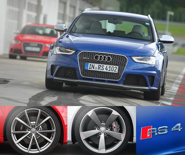 Самый эффектный цвет для RS 4 Avant - насыщенно-синий. Слева внизу - обычные тормозные диски, но необычной волнообразной формы - для снижения неподрессоренных масс. Справа - карбон-керамические.