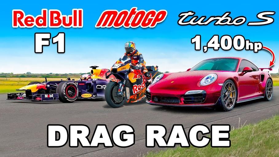 Болид Формулы-1 потягался в гонке с байком MotoGP и доработанным Porsche 911